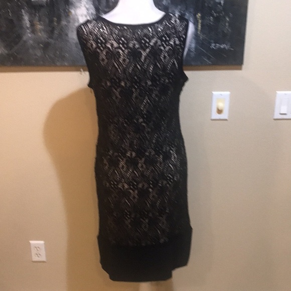 R&M Richards Black/Cream Lace Side Zipper Sequin Dress with Peephole Front-14 - Picture 2 of 12